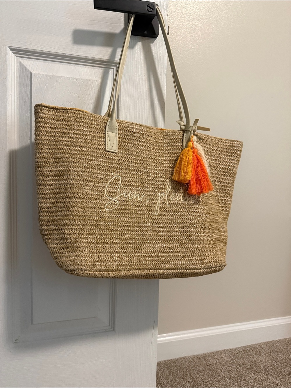 Straw Tote Bag with Orange & Yellow Tassel